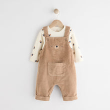 Load image into Gallery viewer, Tan Brown Corduroy 100% Cotton Baby Dungarees and Bodysuit Set (0mths-18mths)