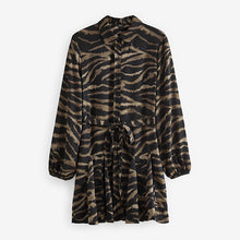 Load image into Gallery viewer, Black/Brown Zebra Print Mini Belted Shirt Dress