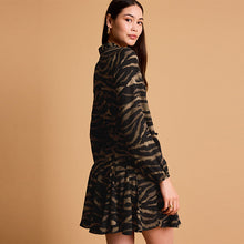 Load image into Gallery viewer, Black/Brown Zebra Print Mini Belted Shirt Dress