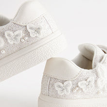 Load image into Gallery viewer, White Glitter Standard Fit (F) Butterfly Touch Fasten Strap Trainers