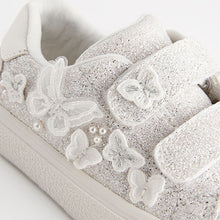 Load image into Gallery viewer, White Glitter Standard Fit (F) Butterfly Touch Fasten Strap Trainers