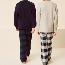Load image into Gallery viewer, Navy/Grey Textured Top 2 Pack Long Sleeve Woven Check Pyjamas (6-12yrs)