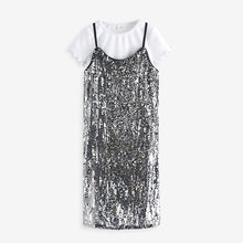 Load image into Gallery viewer, Silver Sequin Slip Dress and T-Shirt Set (3-12yrs)