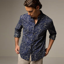 Load image into Gallery viewer, Blue 100% Cotton Textured Print Long Sleeve Shirt