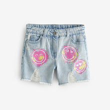 Load image into Gallery viewer, Light Blue Denim Smileyworld Regular Length 100% Cotton Frayed Edge Denim Shorts