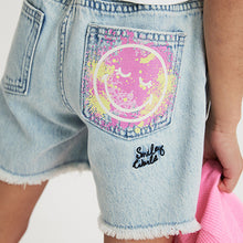 Load image into Gallery viewer, Light Blue Denim Smileyworld Regular Length 100% Cotton Frayed Edge Denim Shorts