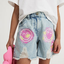 Load image into Gallery viewer, Light Blue Denim Smileyworld Regular Length 100% Cotton Frayed Edge Denim Shorts