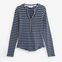 Load image into Gallery viewer, Ecru White/Navy Blue Ribbed Button Detail Long Sleeve Henley Top