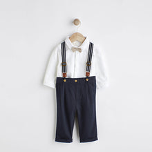 Load image into Gallery viewer, Navy Blue Baby 100% Cotton Shirt Trousers and Braces Set 4 Piece (0mths-18mths)