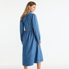 Load image into Gallery viewer, Mid Blue Denim Smock Midi Dress