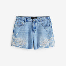 Load image into Gallery viewer, Mid Blue 100% Cotton Lace Denim Shorts