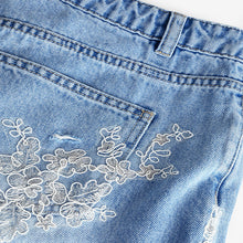 Load image into Gallery viewer, Mid Blue 100% Cotton Lace Denim Shorts