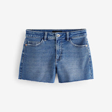 Load image into Gallery viewer, Mid Blue Super Soft Raw Hem Denim Shorts