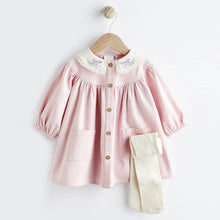 Load image into Gallery viewer, Pink 2 Piece Embroidered Baby Dress and Tights Set (0mths-12-18mt)