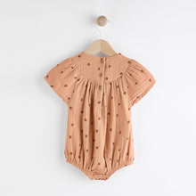 Load image into Gallery viewer, Brown Embroidered Flowers Baby Bloomer Romper