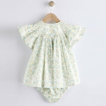 Load image into Gallery viewer, Green Ditsy Floral Woven Baby Dress And Knicker Set