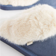 Load image into Gallery viewer, Denim Blue Suede Faux Fur Lined Mule Slippers
