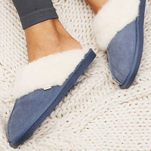 Load image into Gallery viewer, Denim Blue Suede Faux Fur Lined Mule Slippers