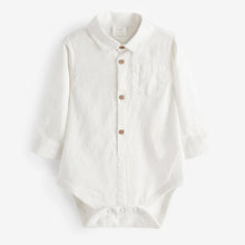 Load image into Gallery viewer, Grey/White Cotton/Linen Mix Baby Woven Dungarees And Shirt Set (0mths-12-18mt)