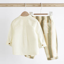 Load image into Gallery viewer, White/Green Baby Woven Shirt and Trousers 2 Piece Set With Linen (0mths-12-18mt)