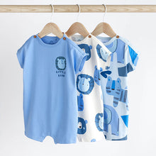 Load image into Gallery viewer, Blue Character Baby Jersey 100% Cotton Rompers 3 Pack
