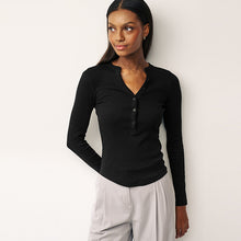 Load image into Gallery viewer, Black Ribbed Button Detail Long Sleeve Henley Top