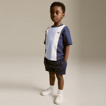 Load image into Gallery viewer, Blue 100% Cotton Short Sleeve Colourblock T-Shirt and Shorts Set (3mths-5-6yrs)