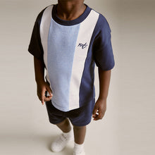 Load image into Gallery viewer, Blue 100% Cotton Short Sleeve Colourblock T-Shirt and Shorts Set (3mths-5-6yrs)