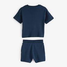 Load image into Gallery viewer, Blue 100% Cotton Short Sleeve Colourblock T-Shirt and Shorts Set (3mths-5-6yrs)