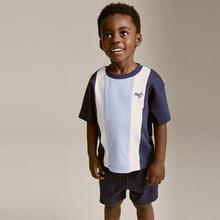 Load image into Gallery viewer, Blue 100% Cotton Short Sleeve Colourblock T-Shirt and Shorts Set (3mths-5-6yrs)