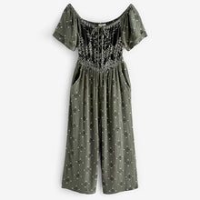 Load image into Gallery viewer, Khaki Green Woodblock Off Shoulder Wide Leg Jumpsuit