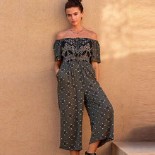 Load image into Gallery viewer, Khaki Green Woodblock Off Shoulder Wide Leg Jumpsuit