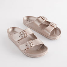 Load image into Gallery viewer, Rose Gold EVA Double Strap Flat Slider Sandals With Adjustable Buckles