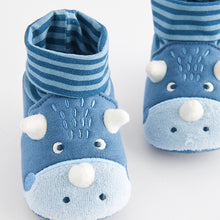 Load image into Gallery viewer, Blue DInosaur Sensory Sock Top Baby Shoes (0-2mths)