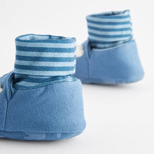 Load image into Gallery viewer, Blue DInosaur Sensory Sock Top Baby Shoes (0-2mths)