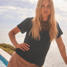 Load image into Gallery viewer, Black Short Sleeve Crochet Bubblehem 100% Cotton Top