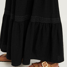 Load image into Gallery viewer, Black Textured Maxi Skirt With Crochet Trim