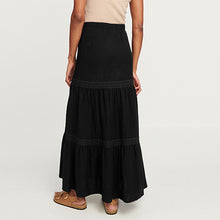 Load image into Gallery viewer, Black Textured Maxi Skirt With Crochet Trim
