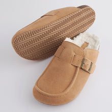 Load image into Gallery viewer, Tan Brown Suede Buckle Mule Slippers