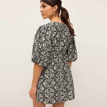 Load image into Gallery viewer, Black/White Tile Tie Front Puff Sleeve Mini Dress