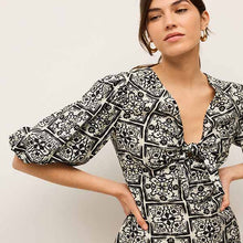 Load image into Gallery viewer, Black/White Tile Tie Front Puff Sleeve Mini Dress