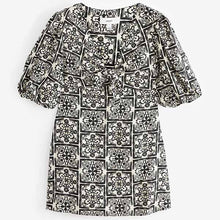 Load image into Gallery viewer, Black/White Tile Tie Front Puff Sleeve Mini Dress