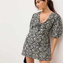 Load image into Gallery viewer, Black/White Tile Tie Front Puff Sleeve Mini Dress