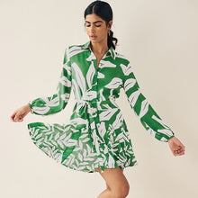 Load image into Gallery viewer, Khaki Green and White Leaf Print Mini Belted Shirt Dress