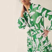 Load image into Gallery viewer, Khaki Green and White Leaf Print Mini Belted Shirt Dress