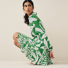 Load image into Gallery viewer, Khaki Green and White Leaf Print Mini Belted Shirt Dress