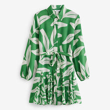 Load image into Gallery viewer, Khaki Green and White Leaf Print Mini Belted Shirt Dress