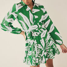 Load image into Gallery viewer, Khaki Green and White Leaf Print Mini Belted Shirt Dress
