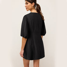 Load image into Gallery viewer, Black Tie Front Puff Sleeve Mini Dress