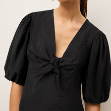 Load image into Gallery viewer, Black Tie Front Puff Sleeve Mini Dress